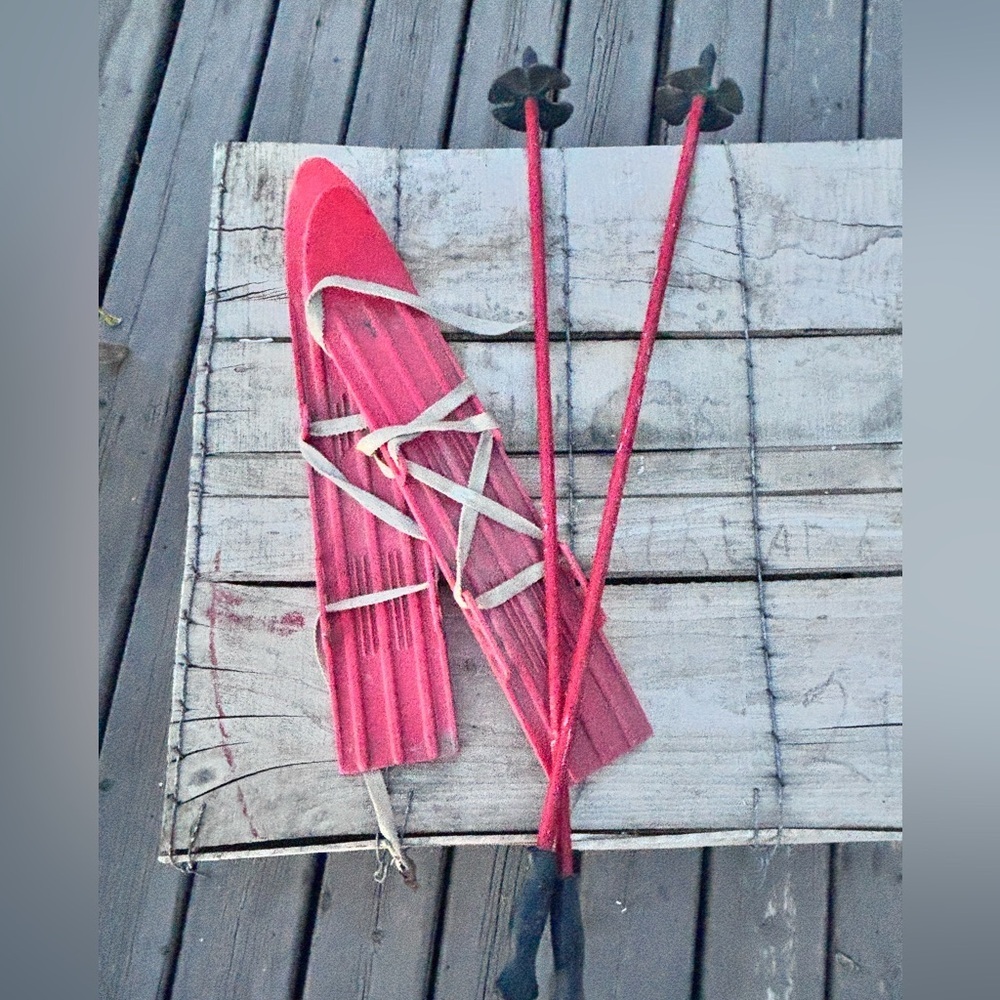 Vintage Red Wooden Skis with Poles Winter Cabin Decor